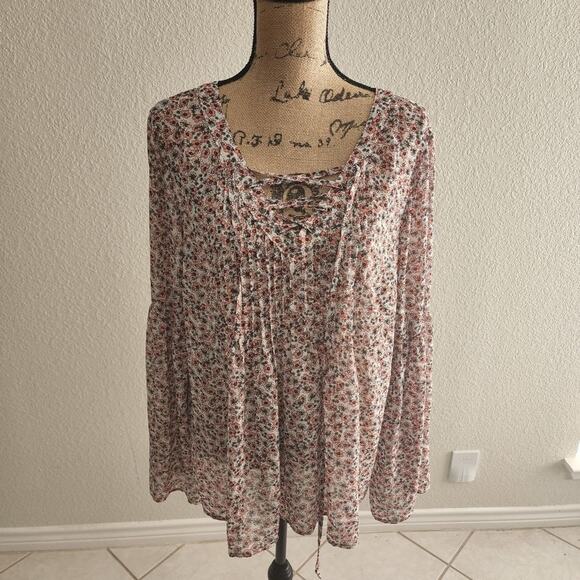 TORRID floral cottage laced front peasant boho bell‎ sleeve blouse plus size 1X - Picture 1 of 10